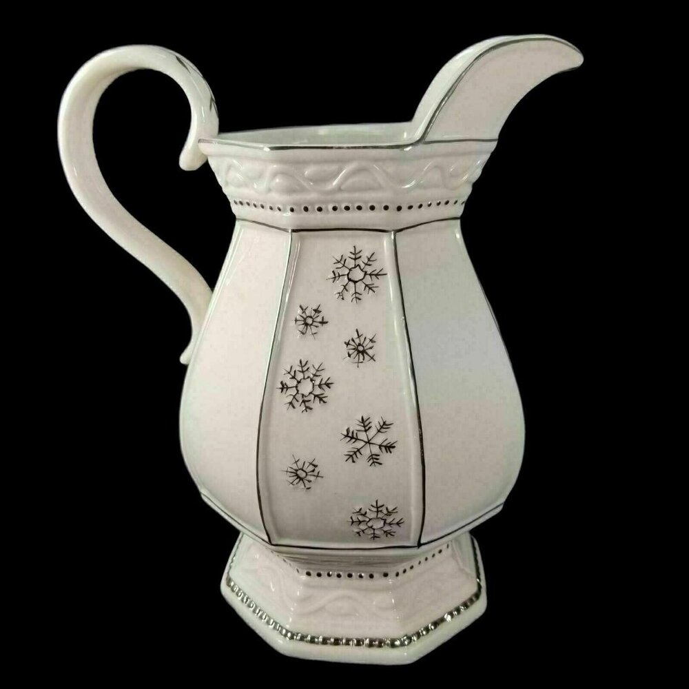 Seasonal Elegance White Pitcher Jug Silver Snowflakes Embossed Octagonal Vtg REA